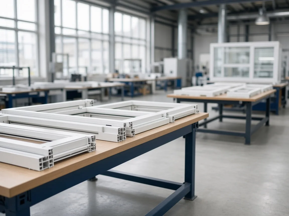 Profili per infissi in PVC sui banchi di lavorazione